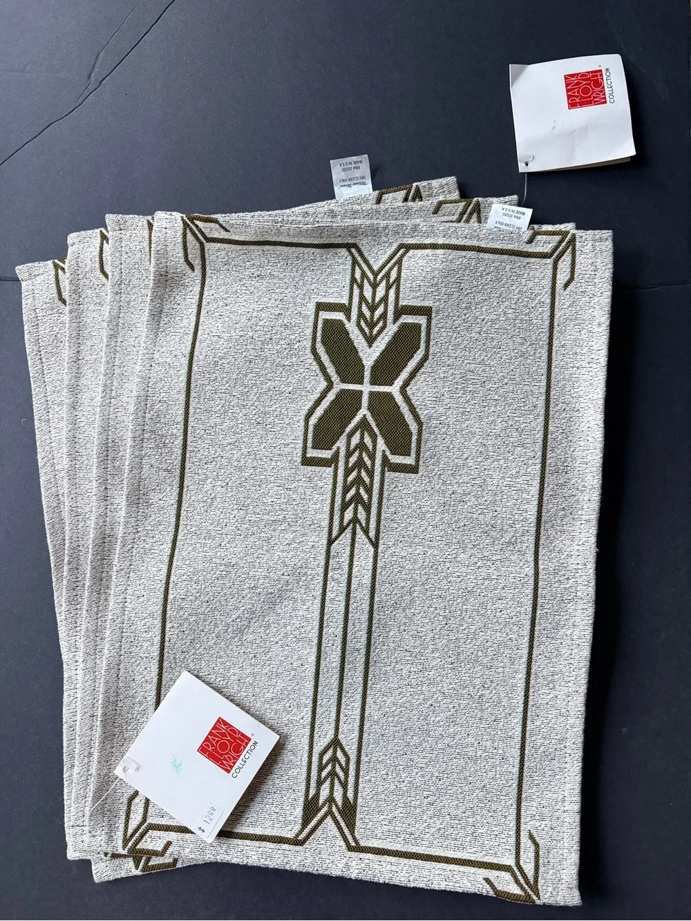 Set of Neutral Linen-Look Placemats with Olive Geometric Border
